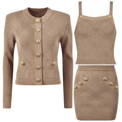 Chic Knit Vest Skirt Suit With Cardigan 3 Pieces Set