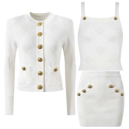 Chic Knit Vest Skirt Suit With Cardigan 3 Pieces Set