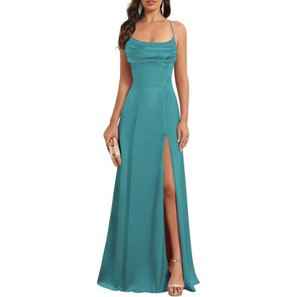 Long Satin Prom Dress with Spaghetti Straps – Sleek, Sexy & Sophisticated Gown