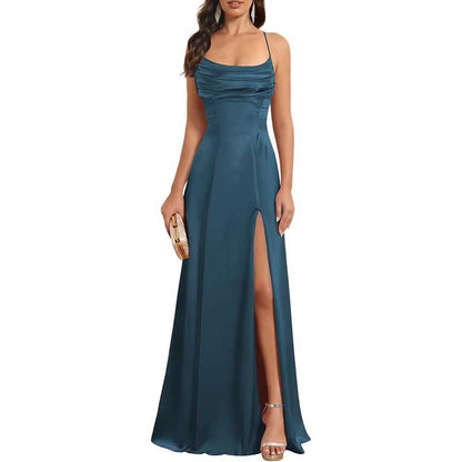 Long Satin Prom Dress with Spaghetti Straps – Sleek, Sexy & Sophisticated Gown