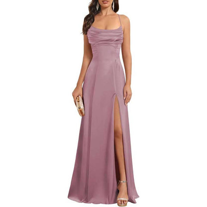 Long Satin Prom Dress with Spaghetti Straps – Sleek, Sexy & Sophisticated Gown