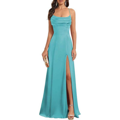 Long Satin Prom Dress with Spaghetti Straps – Sleek, Sexy & Sophisticated Gown