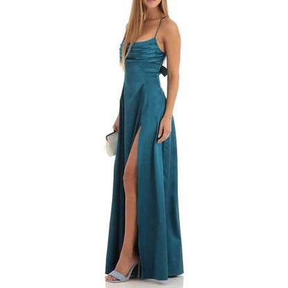 Long Satin Prom Dress with Spaghetti Straps – Sleek, Sexy & Sophisticated Gown