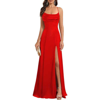 Long Satin Prom Dress with Spaghetti Straps – Sleek, Sexy & Sophisticated Gown