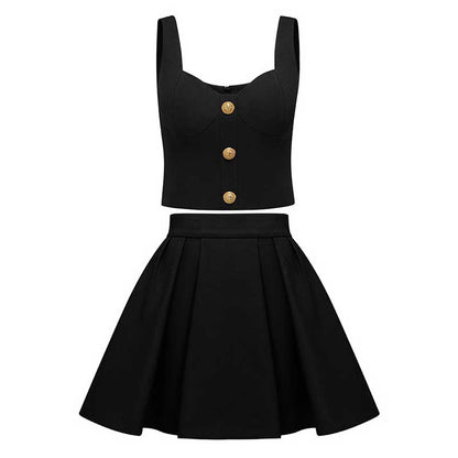Chic U-Neck Buttons Tank Top + Mini Skirt Suit