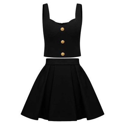 Chic U-Neck Buttons Tank Top + Mini Skirt Suit