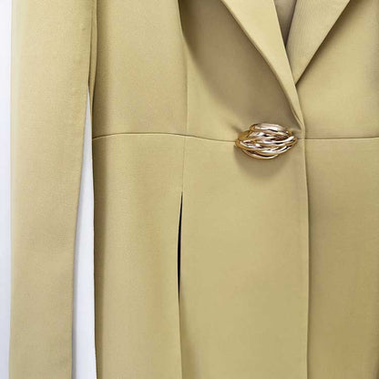 Chic Women's Yellow Belted Blazer and Wide-Leg Pant Suit Set
