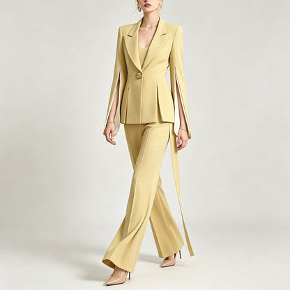 Chic Women's Yellow Belted Blazer and Wide-Leg Pant Suit Set
