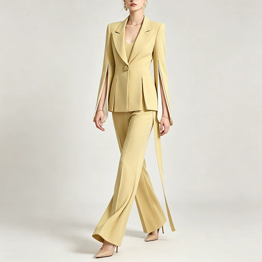 Chic Women's Yellow Belted Blazer and Wide-Leg Pant Suit Set