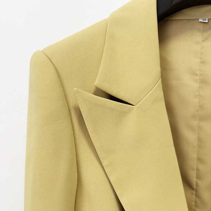 Chic Women's Yellow Belted Blazer and Wide-Leg Pant Suit Set