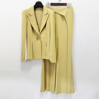 Chic Women's Yellow Belted Blazer and Wide-Leg Pant Suit Set