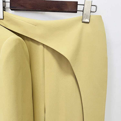 Chic Women's Yellow Belted Blazer and Wide-Leg Pant Suit Set