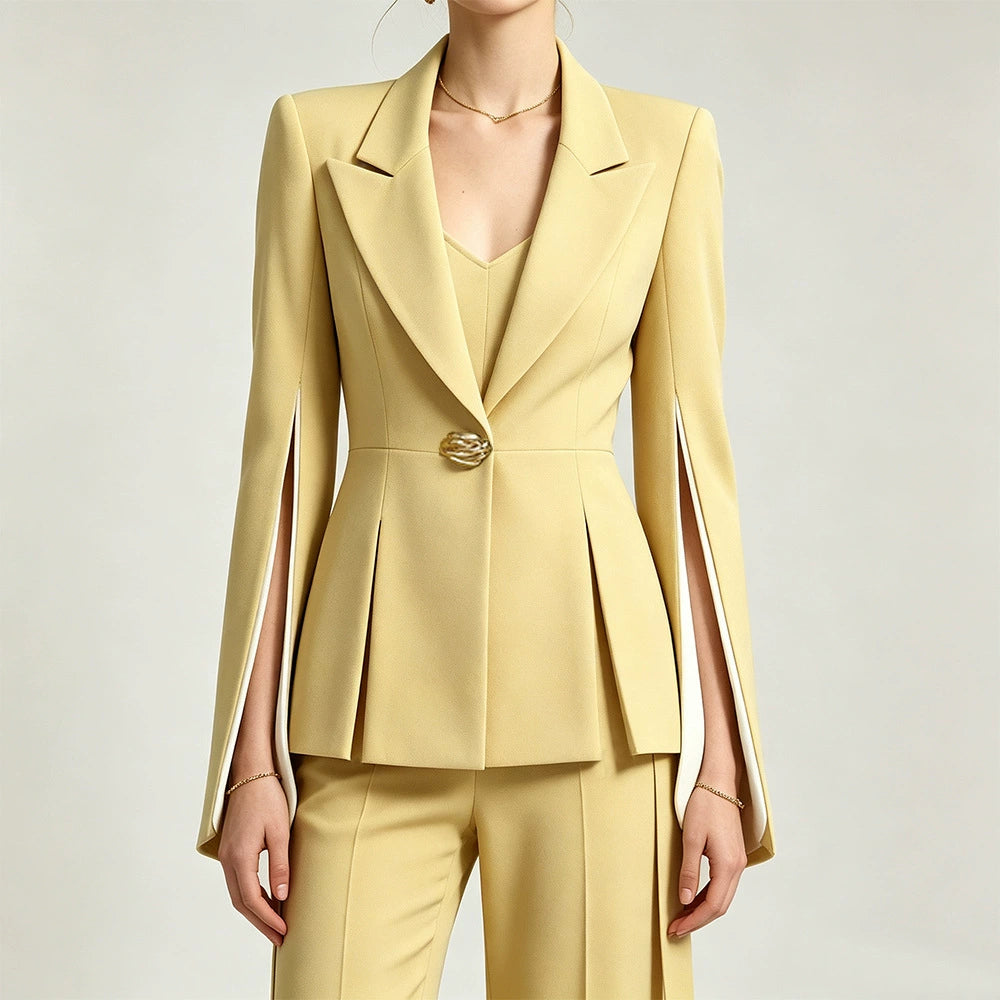 Chic Women's Yellow Belted Blazer and Wide-Leg Pant Suit Set