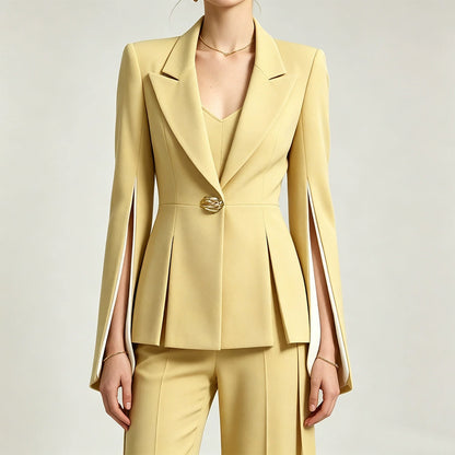 Chic Women's Yellow Belted Blazer and Wide-Leg Pant Suit Set