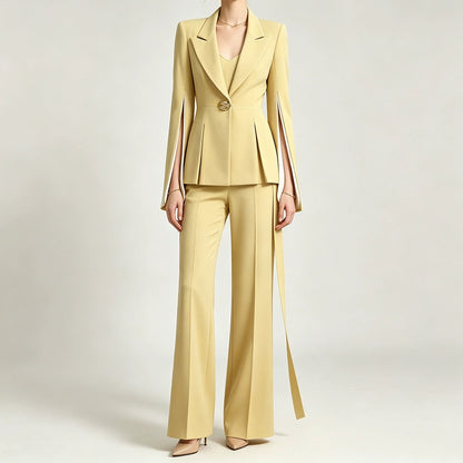 Chic Women's Yellow Belted Blazer and Wide-Leg Pant Suit Set