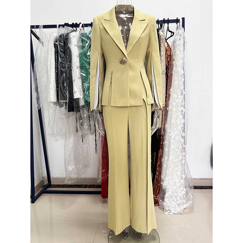 Chic Women's Yellow Belted Blazer and Wide-Leg Pant Suit Set