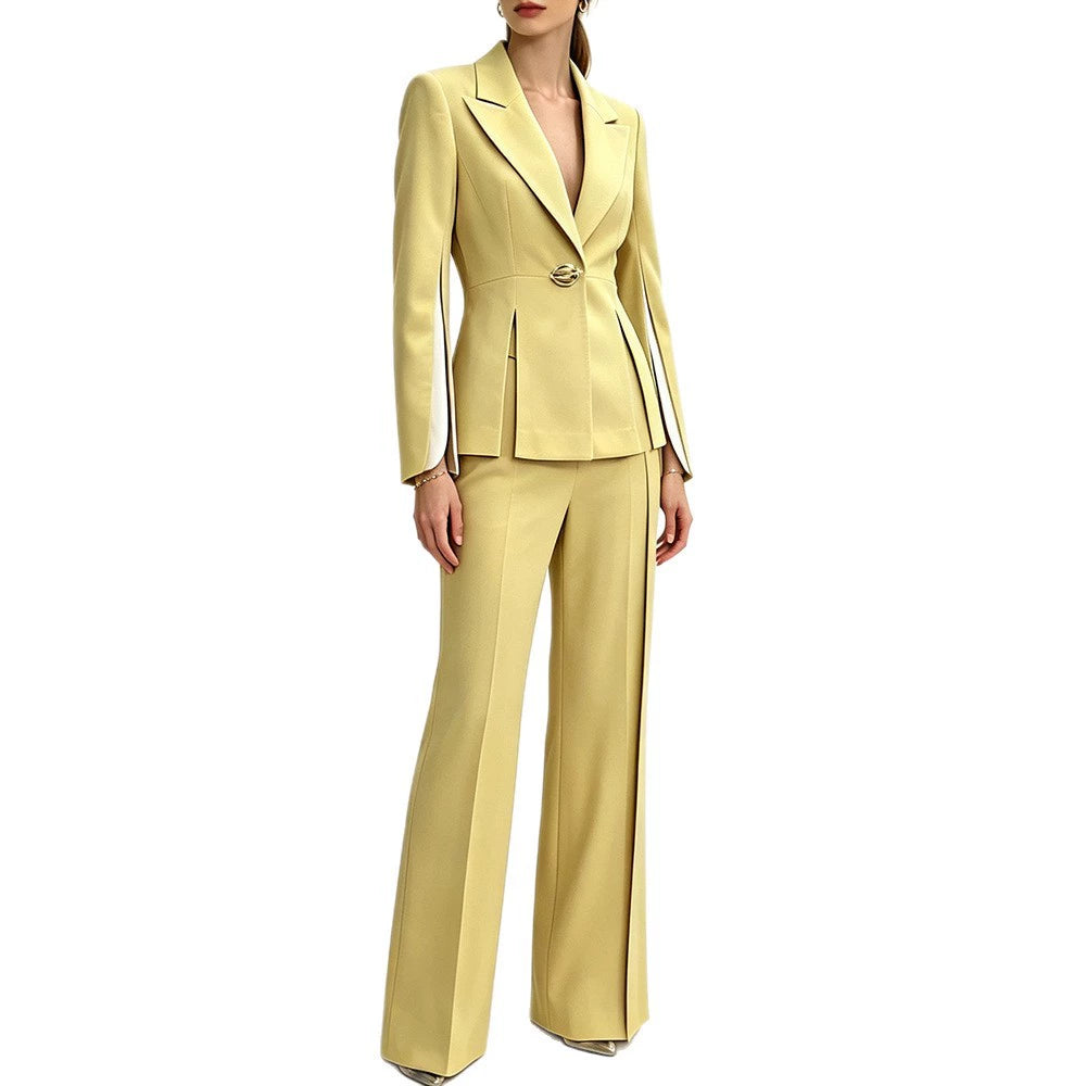 Chic Women's Yellow Belted Blazer and Wide-Leg Pant Suit Set