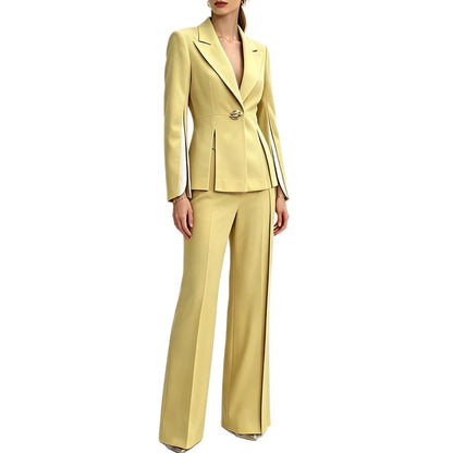 Chic Women's Yellow Belted Blazer and Wide-Leg Pant Suit Set