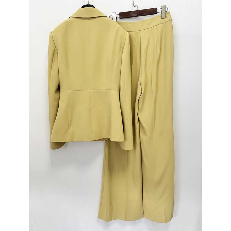 Chic Women's Yellow Belted Blazer and Wide-Leg Pant Suit Set