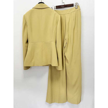 Chic Women's Yellow Belted Blazer and Wide-Leg Pant Suit Set