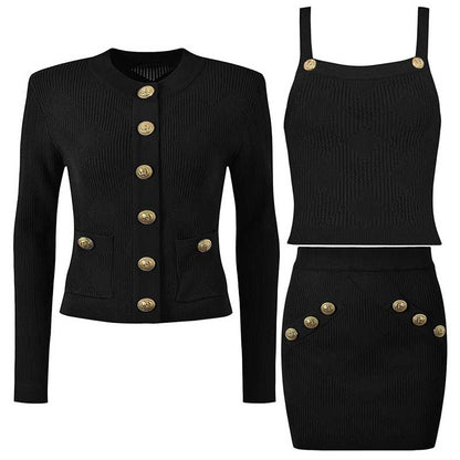 Chic Knit Vest Skirt Suit With Cardigan 3 Pieces Set