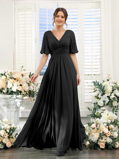 Chiffon Bridesmaid Dress - V Neck Sleeves Flowy A-Line Evening Party Gown