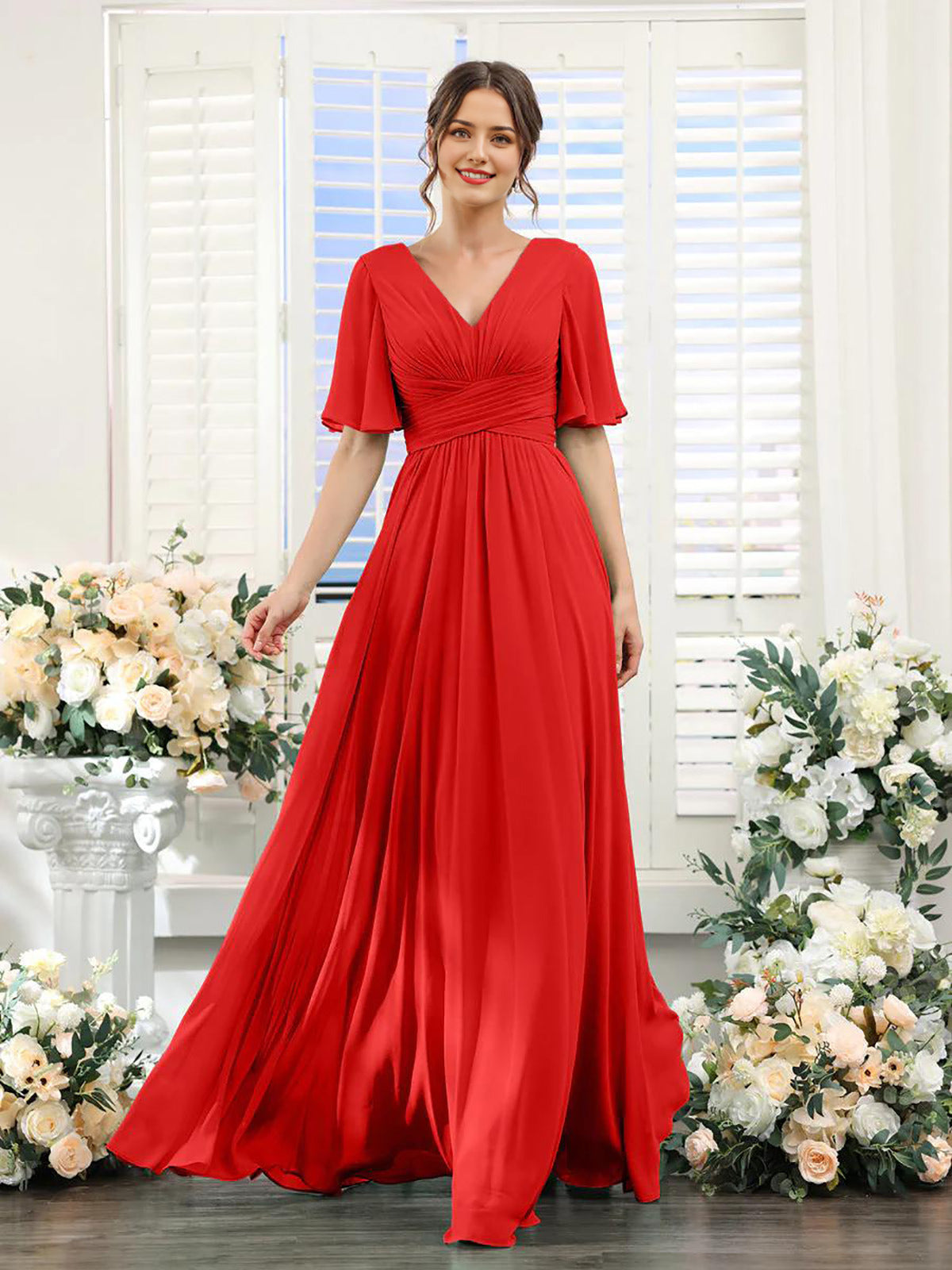 Chiffon Bridesmaid Dress - V Neck Sleeves Flowy A-Line Evening Party Gown
