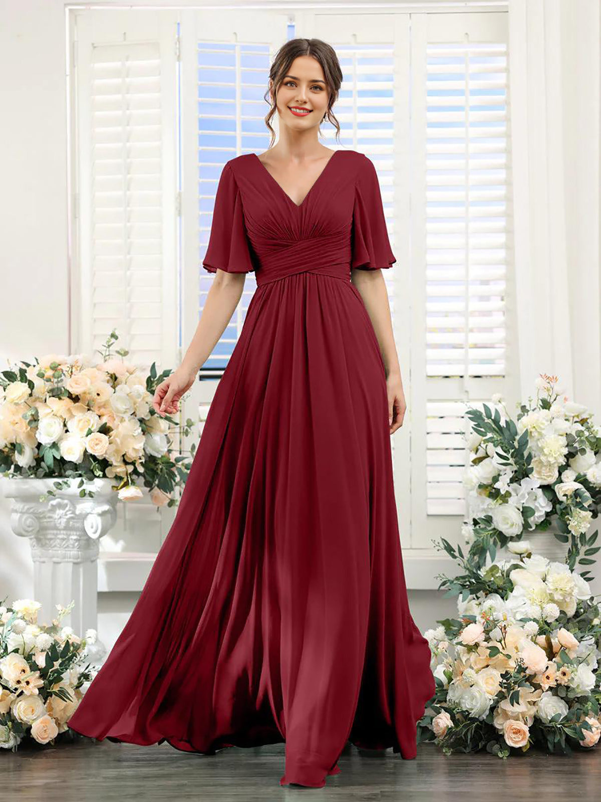 Chiffon Bridesmaid Dress - V Neck Sleeves Flowy A-Line Evening Party Gown