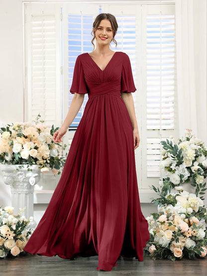 Chiffon Bridesmaid Dress - V Neck Sleeves Flowy A-Line Evening Party Gown