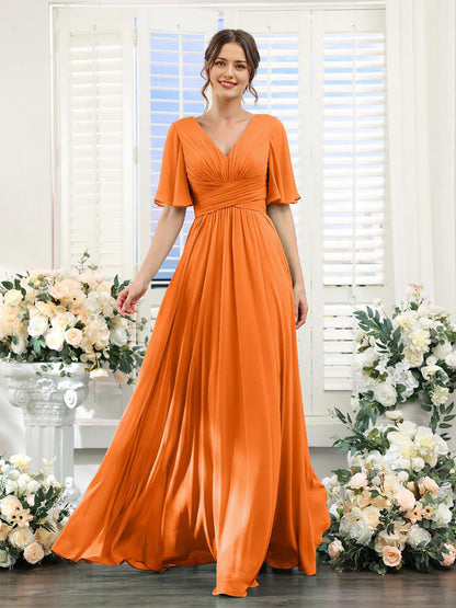 Chiffon Bridesmaid Dress - V Neck Sleeves Flowy A-Line Evening Party Gown