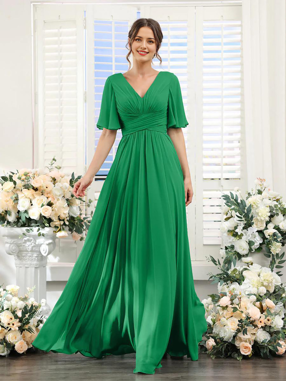 Chiffon Bridesmaid Dress - V Neck Sleeves Flowy A-Line Evening Party Gown