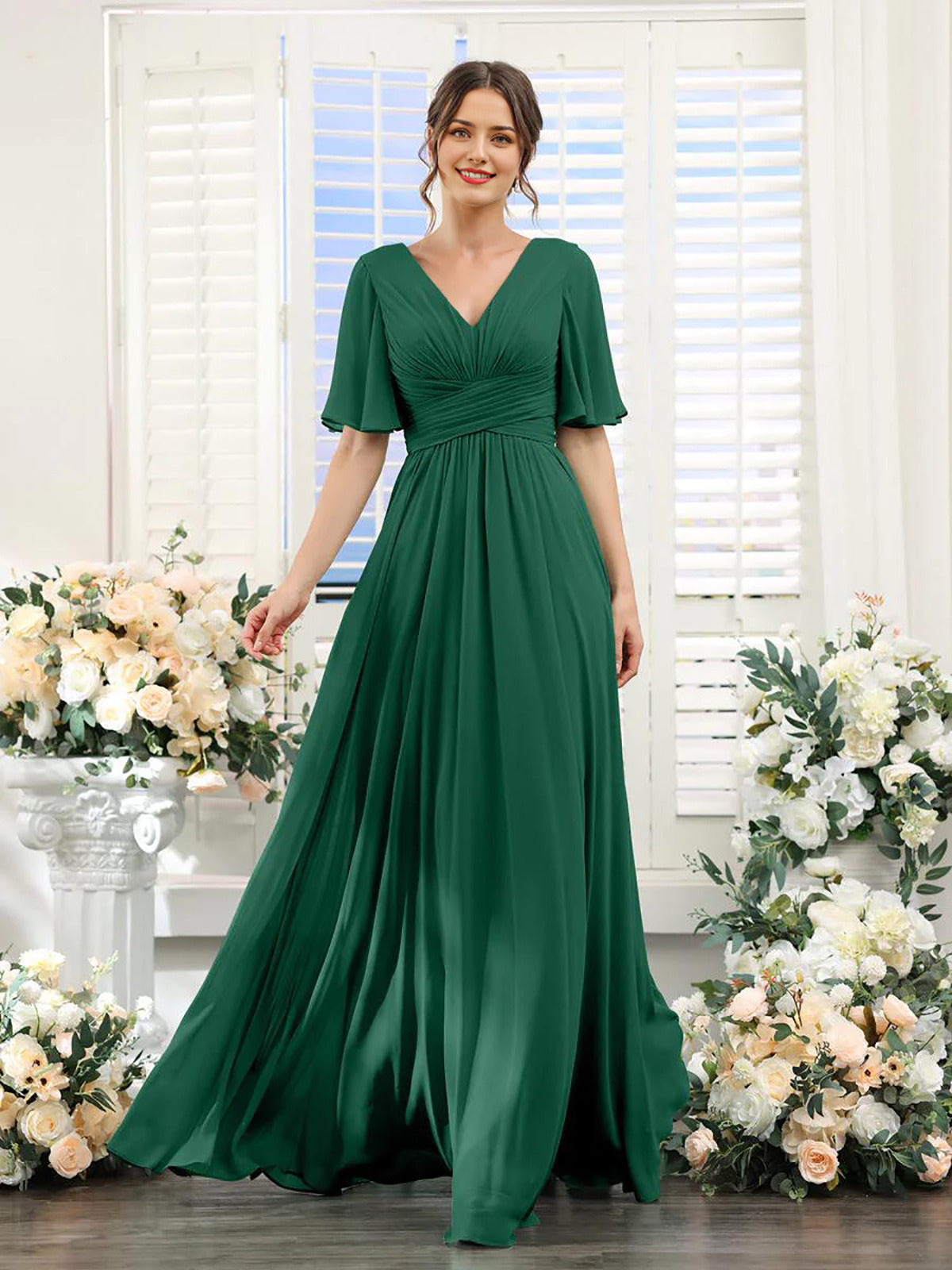 Chiffon Bridesmaid Dress - V Neck Sleeves Flowy A-Line Evening Party Gown