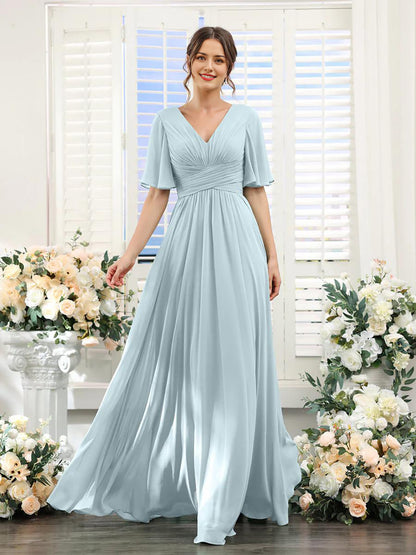 Chiffon Bridesmaid Dress - V Neck Sleeves Flowy A-Line Evening Party Gown