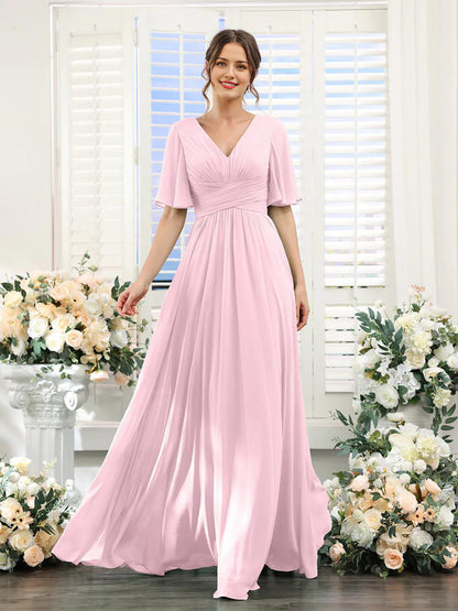 Chiffon Bridesmaid Dress - V Neck Sleeves Flowy A-Line Evening Party Gown