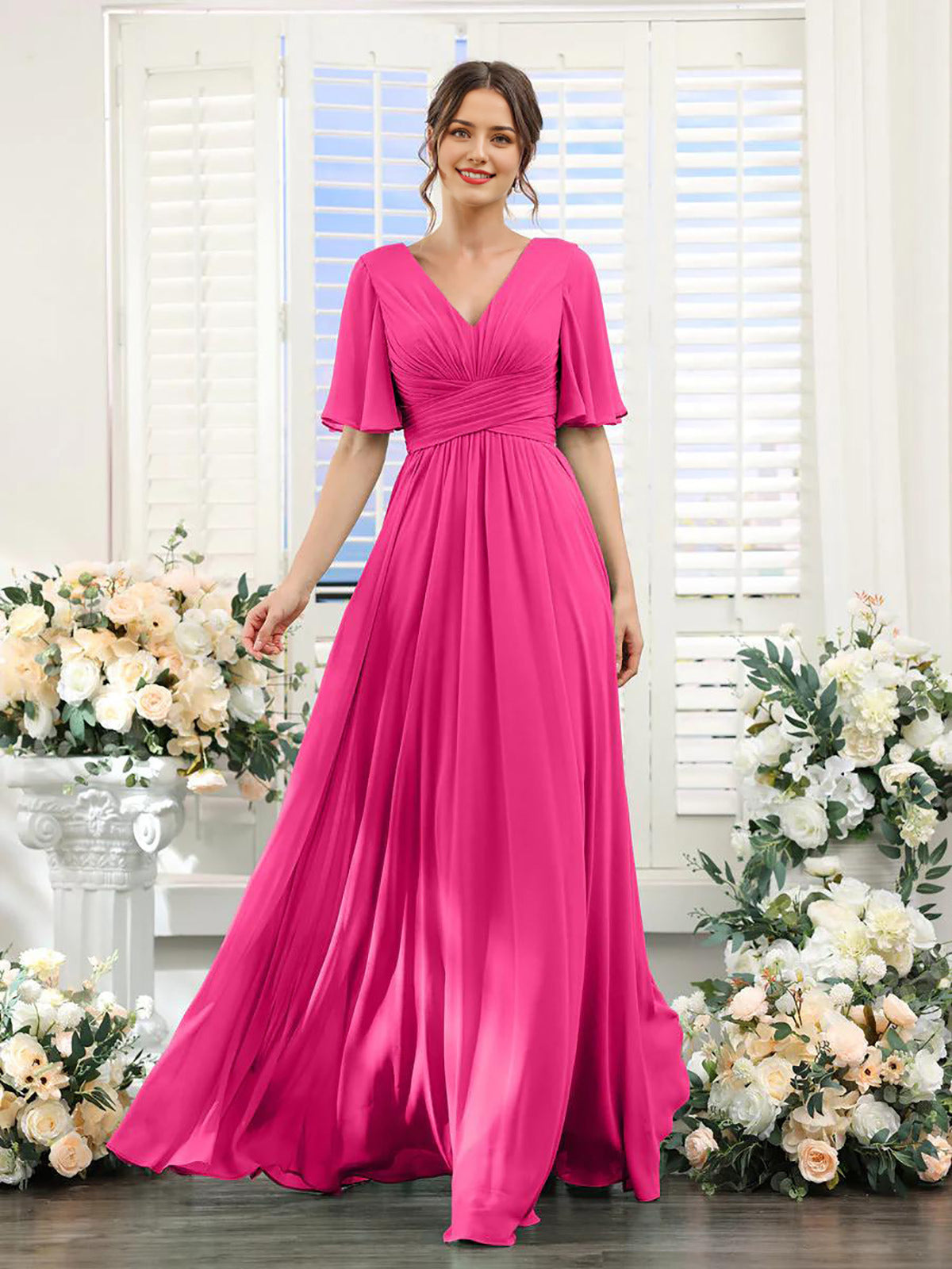 Chiffon Bridesmaid Dress - V Neck Sleeves Flowy A-Line Evening Party Gown
