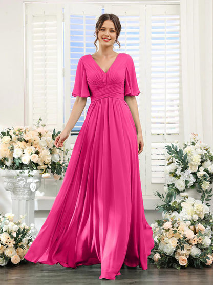 Chiffon Bridesmaid Dress - V Neck Sleeves Flowy A-Line Evening Party Gown
