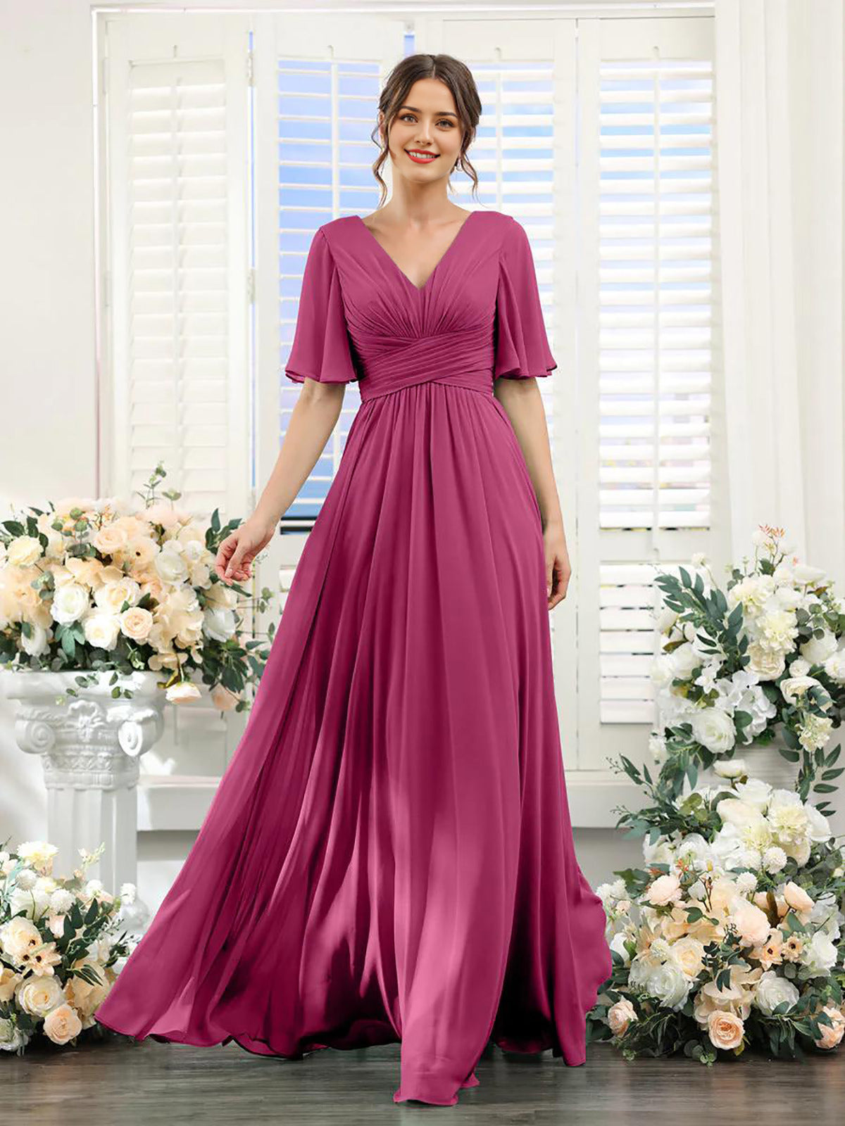 Chiffon Bridesmaid Dress - V Neck Sleeves Flowy A-Line Evening Party Gown