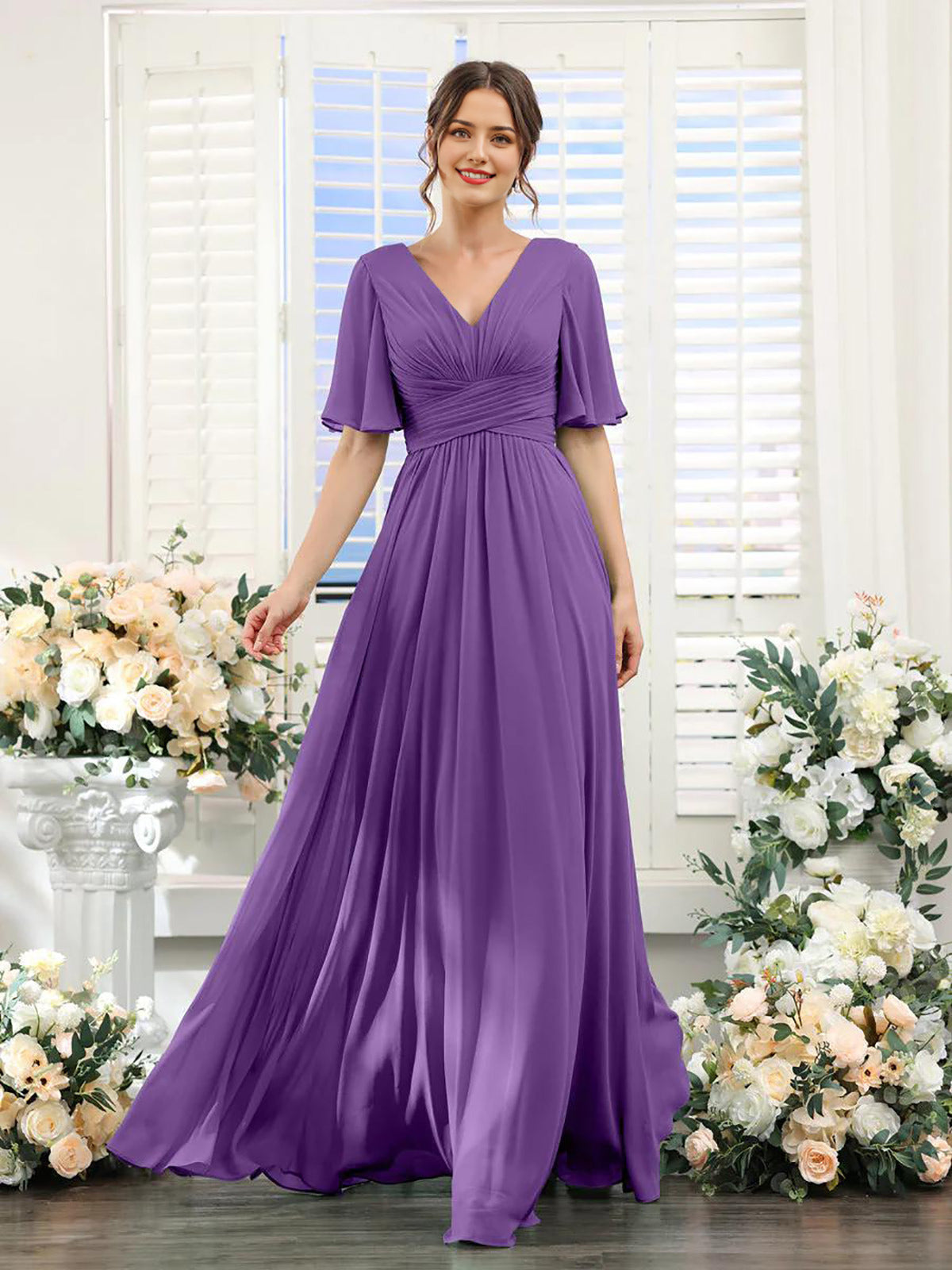 Chiffon Bridesmaid Dress - V Neck Sleeves Flowy A-Line Evening Party Gown