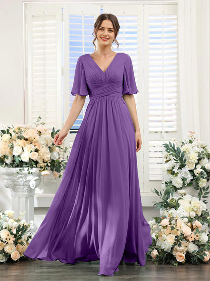 Chiffon Bridesmaid Dress - V Neck Sleeves Flowy A-Line Evening Party Gown