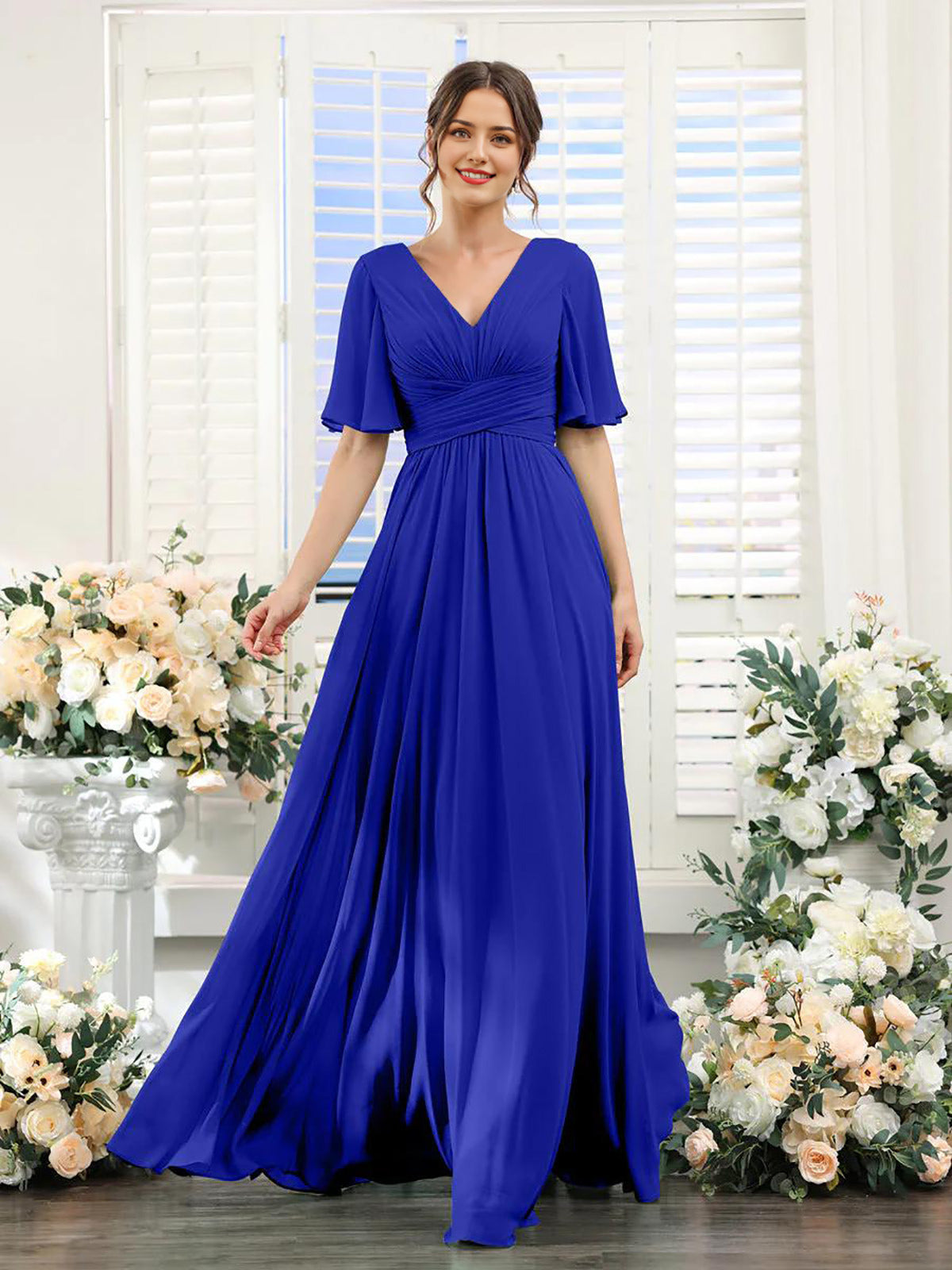 Chiffon Bridesmaid Dress - V Neck Sleeves Flowy A-Line Evening Party Gown