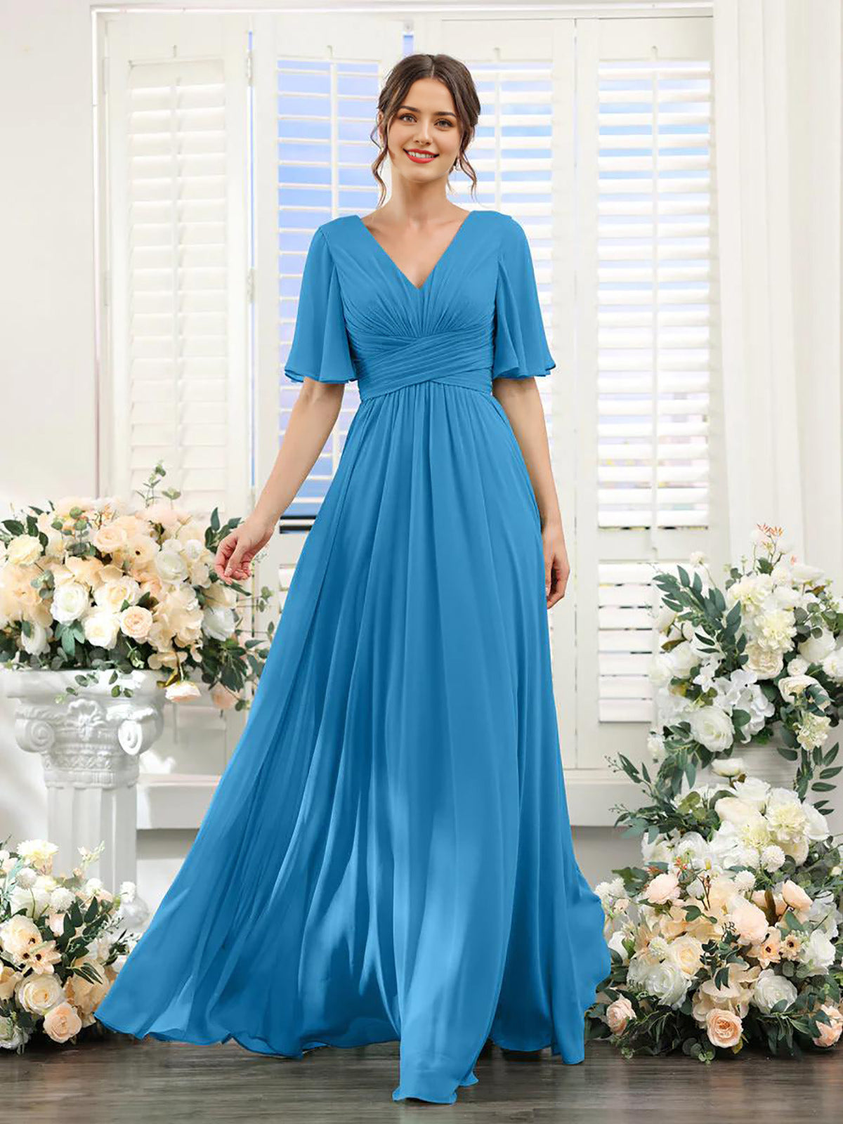 Chiffon Bridesmaid Dress - V Neck Sleeves Flowy A-Line Evening Party Gown