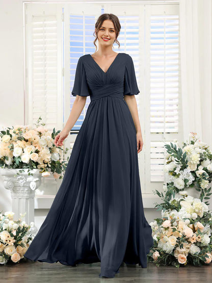 Chiffon Bridesmaid Dress - V Neck Sleeves Flowy A-Line Evening Party Gown