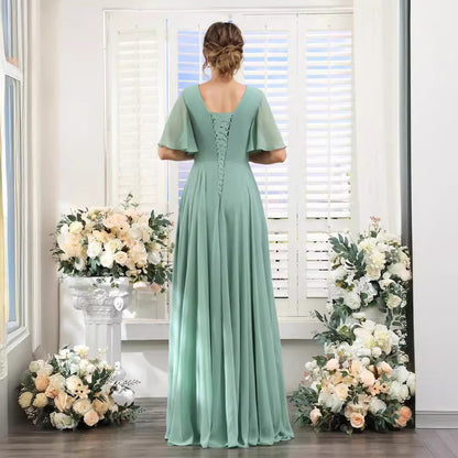 Chiffon Bridesmaid Dress - V Neck Sleeves Flowy A-Line Evening Party Gown