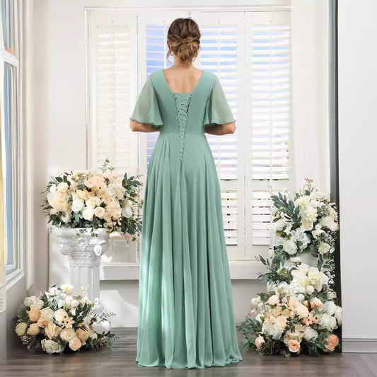 Chiffon Bridesmaid Dress - V Neck Sleeves Flowy A-Line Evening Party Gown