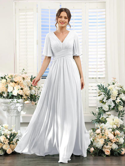 Chiffon Bridesmaid Dress - V Neck Sleeves Flowy A-Line Evening Party Gown