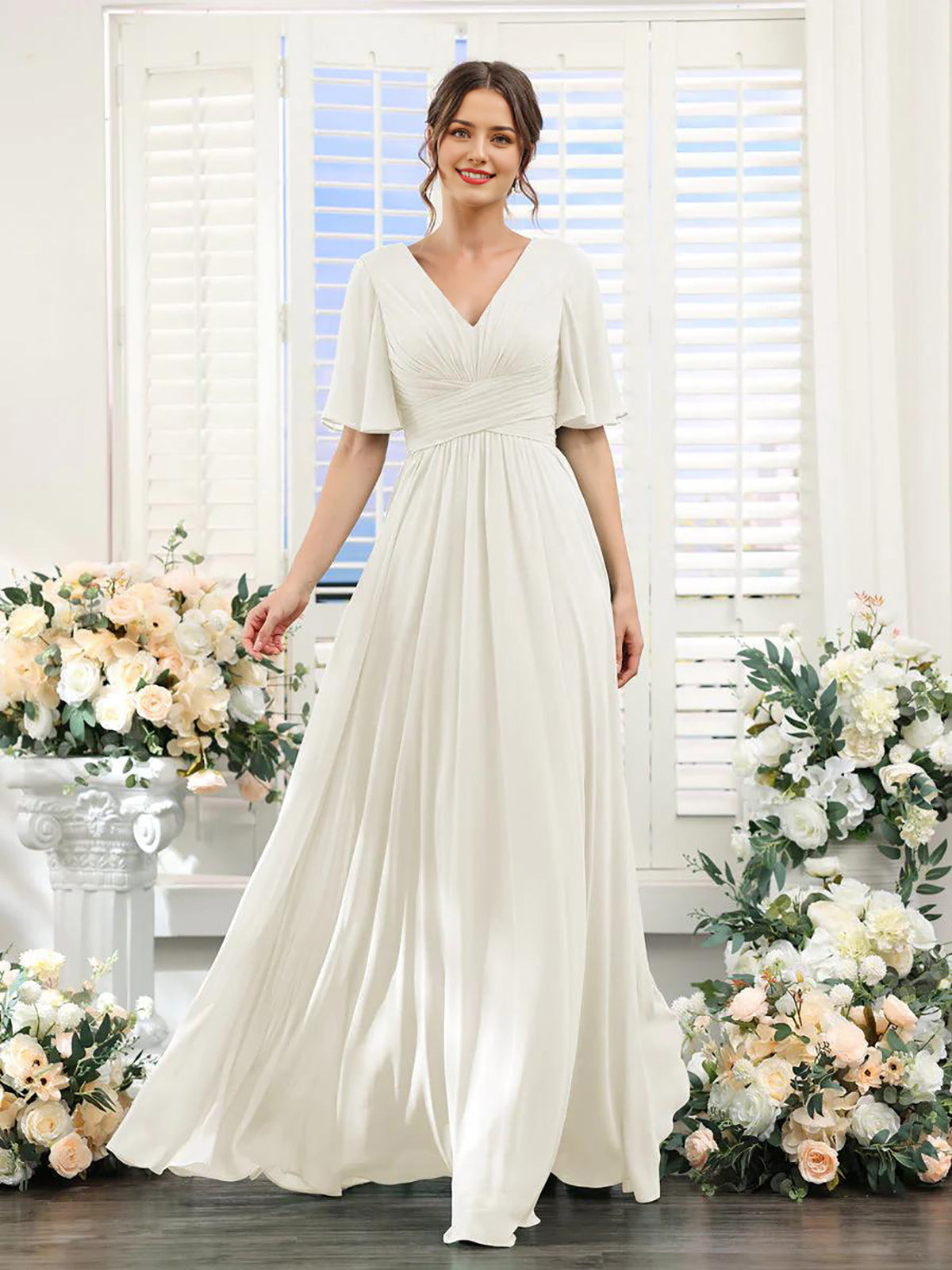 Chiffon Bridesmaid Dress - V Neck Sleeves Flowy A-Line Evening Party Gown