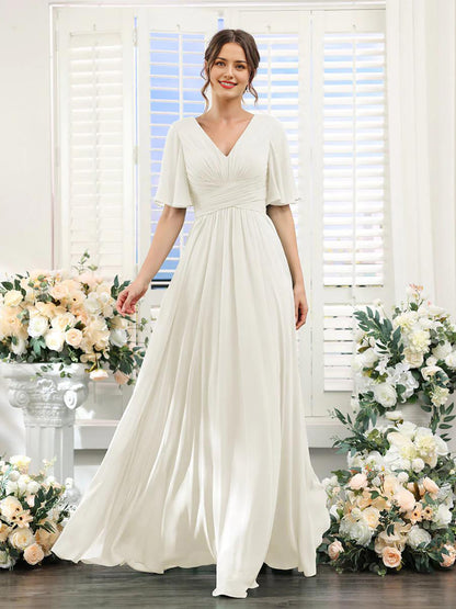Chiffon Bridesmaid Dress - V Neck Sleeves Flowy A-Line Evening Party Gown