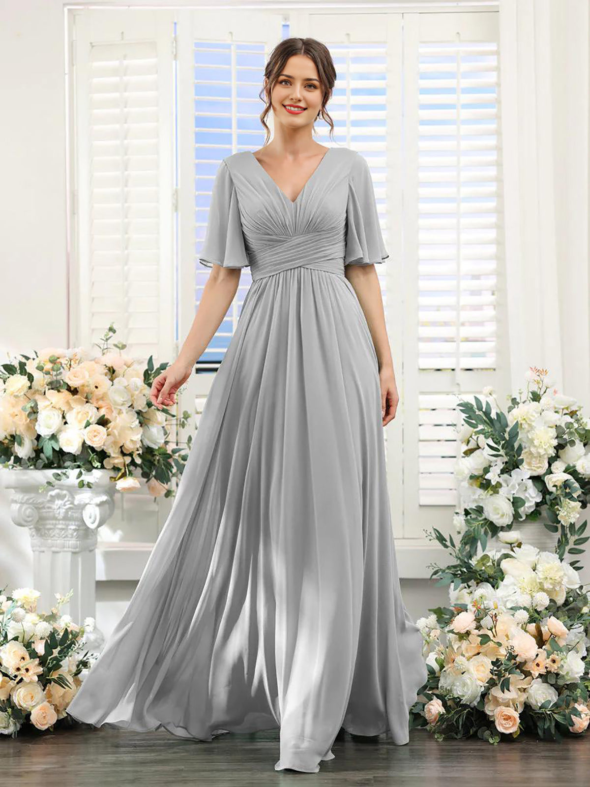 Chiffon Bridesmaid Dress - V Neck Sleeves Flowy A-Line Evening Party Gown