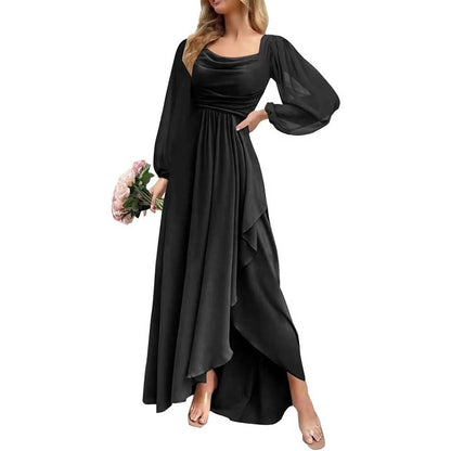Chiffon Cowl Neck Wedding Guest Dress A Line Long Sleeve Bridesmaid Dress