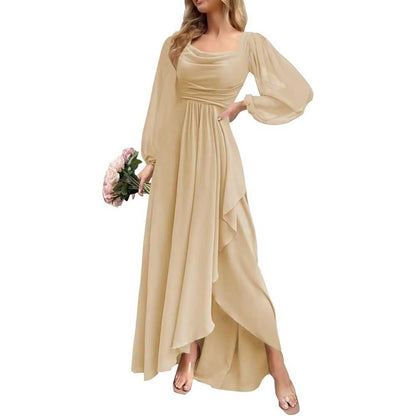Chiffon Cowl Neck Wedding Guest Dress A Line Long Sleeve Bridesmaid Dress